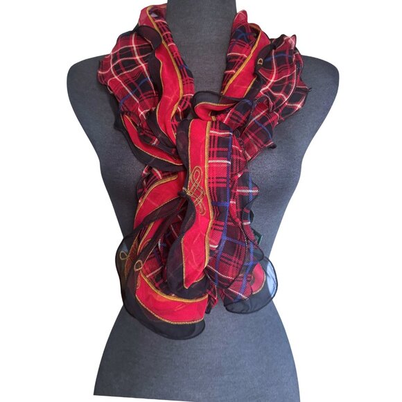 Lauren Ralph Lauren Silk Ruffle Scarf Classic Red Black Plaid - Picture 1 of 8